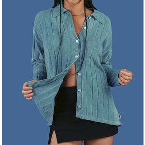 UNIF Blue Bean Oversized Distressed Button Up Collared Knit Sweater Top